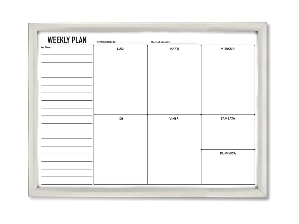 Tablă albă whiteboard, planificator săptămânal, cu ramă din aluminiu, 60x80cm