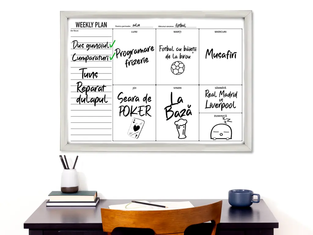 Tablă albă whiteboard, planificator săptămânal, cu ramă din aluminiu, 60x80cm