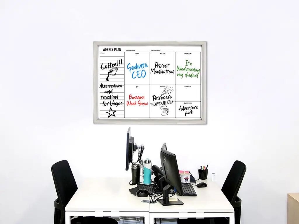 Tablă albă whiteboard, planificator săptămânal, cu ramă din aluminiu, 60x80cm