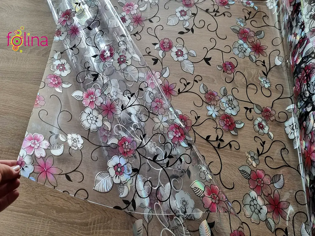 Folie protecţie blat mobilă, transparentă cu model floral colorat, fără adeziv, 1.2 mm grosime, 100x200 cm