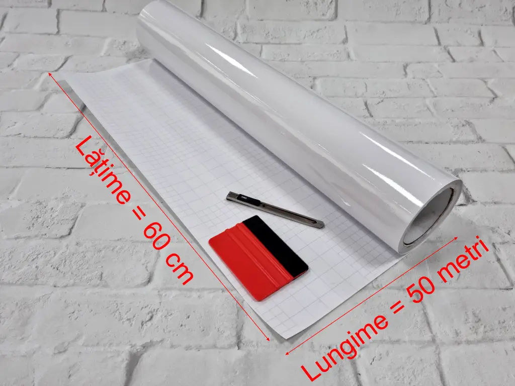 Folie de transfer pentru vinil cu suport din hârtie gradată, X-Film, adeziv mediu, rolă cu lățimea 60 cm și lungimea 50m, racletă si cutter gratuite