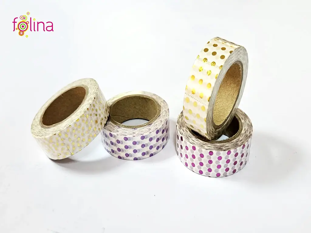 Set 4 role Washi tape, Folina, benzi autoadezive decorative cu buline colorate