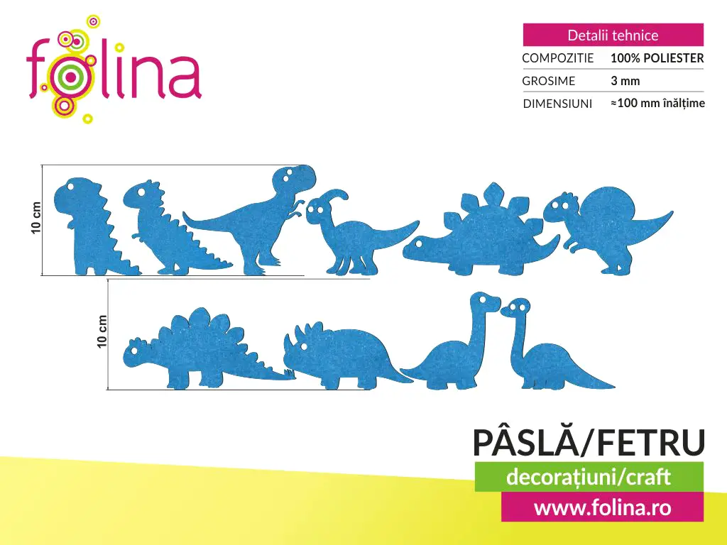 Set 10 decorațiuni creative din fetru albastru cu dinozauri pentru activități craft, Folina, pâslă cu grosime de 3 mm, diverse culori