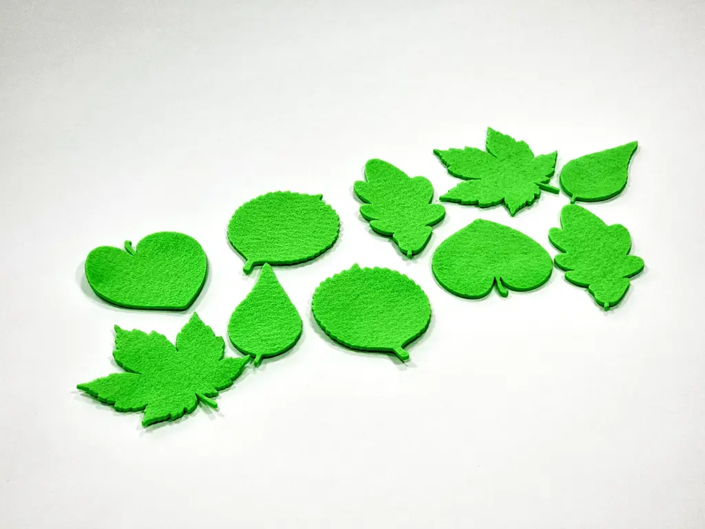 Set 10 decorațiuni creative din fetru verde cu frunze pentru activități craft, Folina, pâslă cu grosime de 3 mm, diverse culori