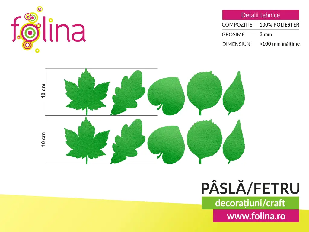 Set 10 decorațiuni creative din fetru verde cu frunze pentru activități craft, Folina, pâslă cu grosime de 3 mm, diverse culori