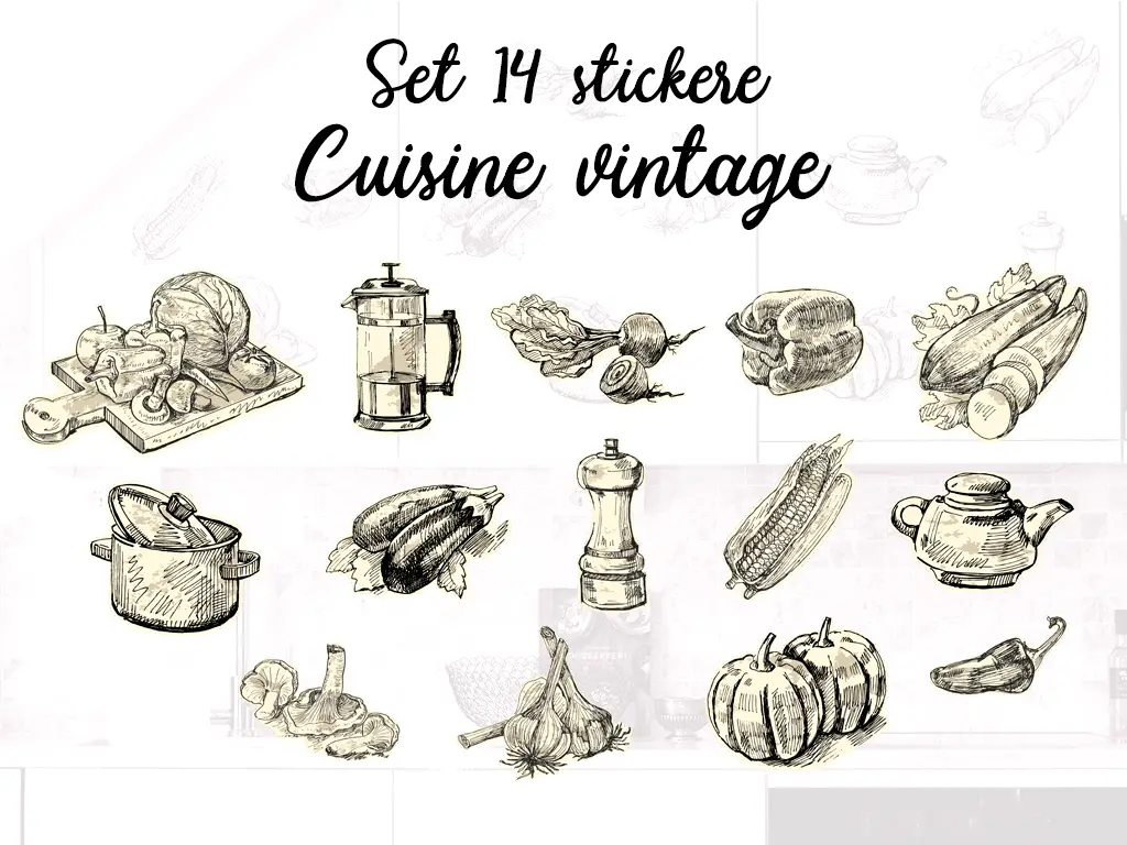 Set 14 stickere bucătărie Cuisine vintage, Folina, autoadezive