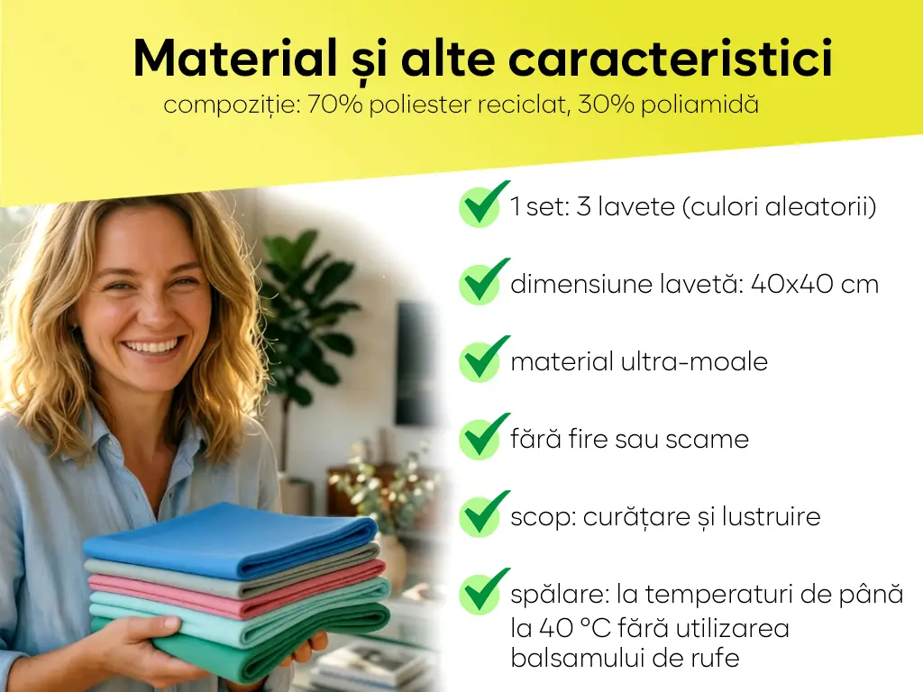 Set 3 lavete din microfibră ideale pentru suprafețele sensibile -  lentile, ecrane, bijuterii și veselă, dimeniune mare 40x40 cm, seturile conțin culori aleatorii
