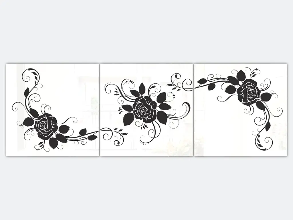 Set 3 tablouri albe, Folina, model floral negru, dimensiune tablouri 40x40 cm