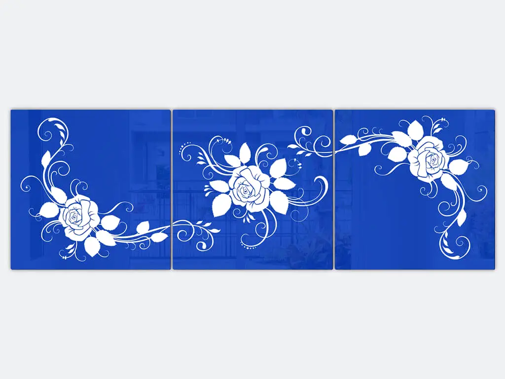 Set 3 tablouri albastre, Folina, model floral alb, dimensiune tablouri 40x40 cm