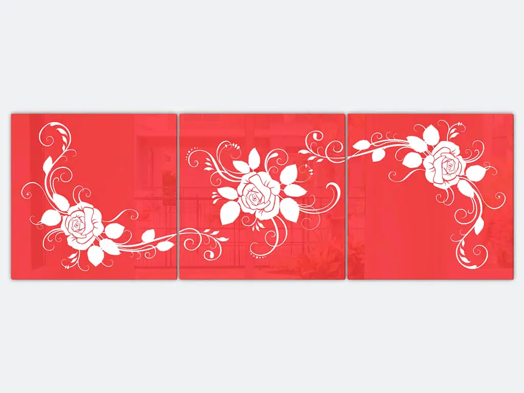 Set 3 tablouri roşii, Folina, model floral alb, dimensiune tablouri 40x40 cm