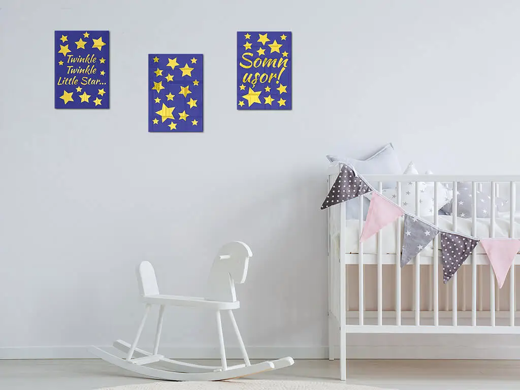Set 3 tablouri Somn uşor, albastre cu detalii aurii, pentru cameră copii