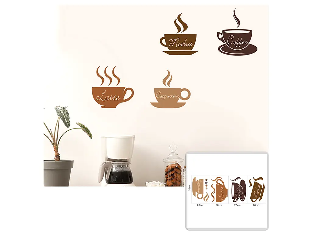 Set 4 stickere ceşti cafea, decor bucătărie sau cafenea