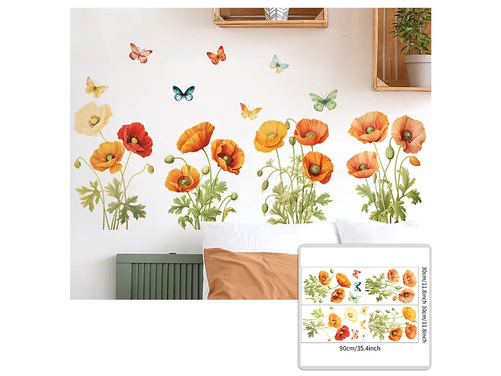 Set stickere Flori de maci şi fluturi coloraţi, decor pentru perete, mobilă, geam