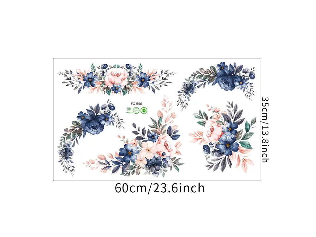 Set 5 stickere flori albastru închis şi roz somon, decoraţiune pentru perete şi mobilă