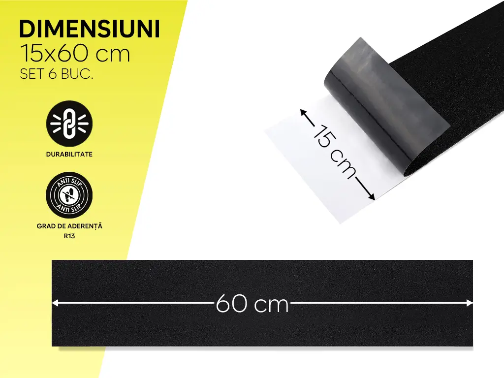 Set 6 benzi antiderapante pentru scări și podele, autoadezive cu granulație grosieră, culoare neagră, roller silicon inclus, 15x60 cm