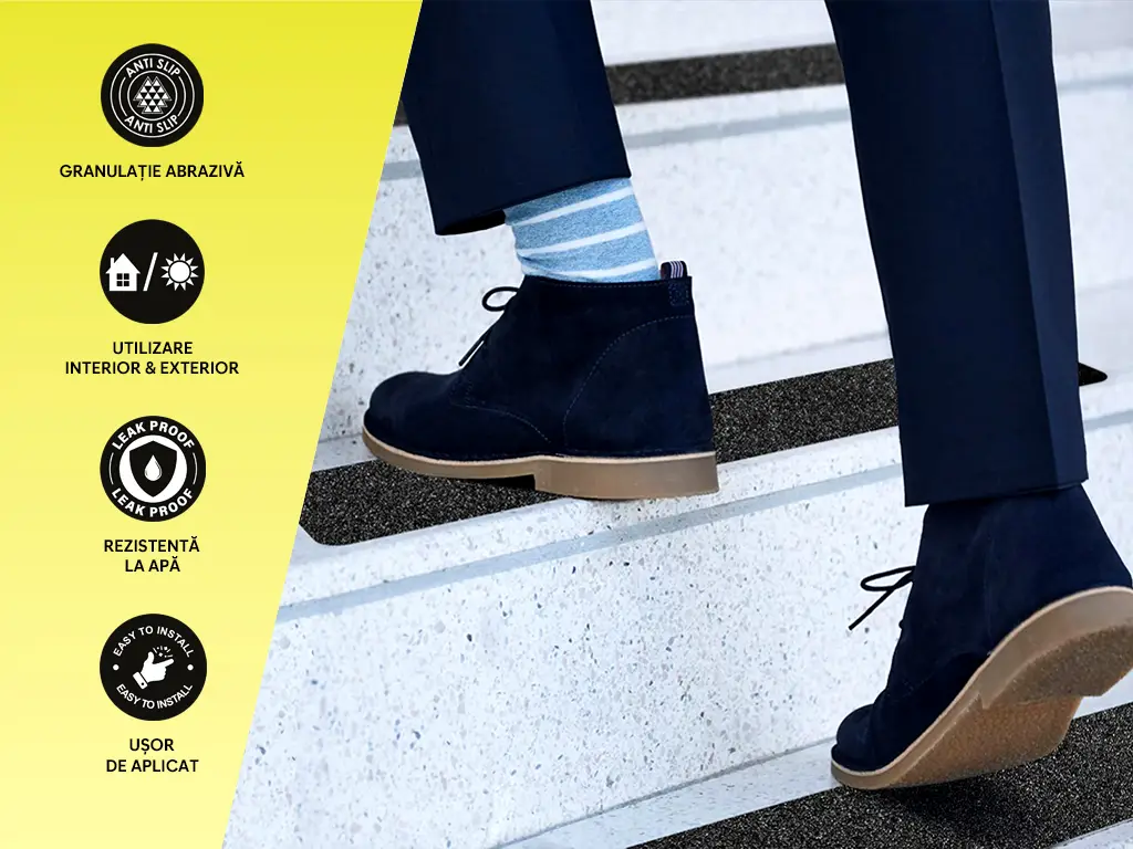 Set 6 benzi antiderapante pentru scări și podele, autoadezive cu granulație grosieră, culoare neagră, roller silicon inclus, 15x60 cm