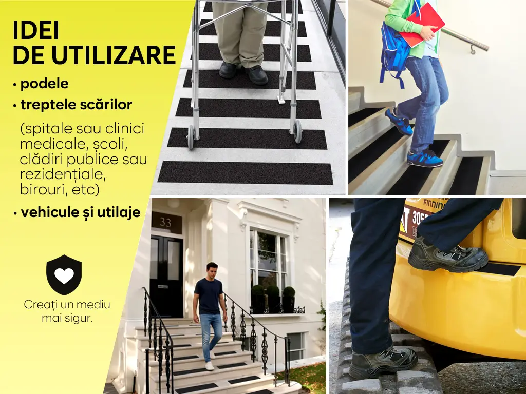 Set 6 benzi antiderapante pentru scări și podele, autoadezive cu granulație grosieră, culoare neagră, roller silicon inclus, 15x60 cm
