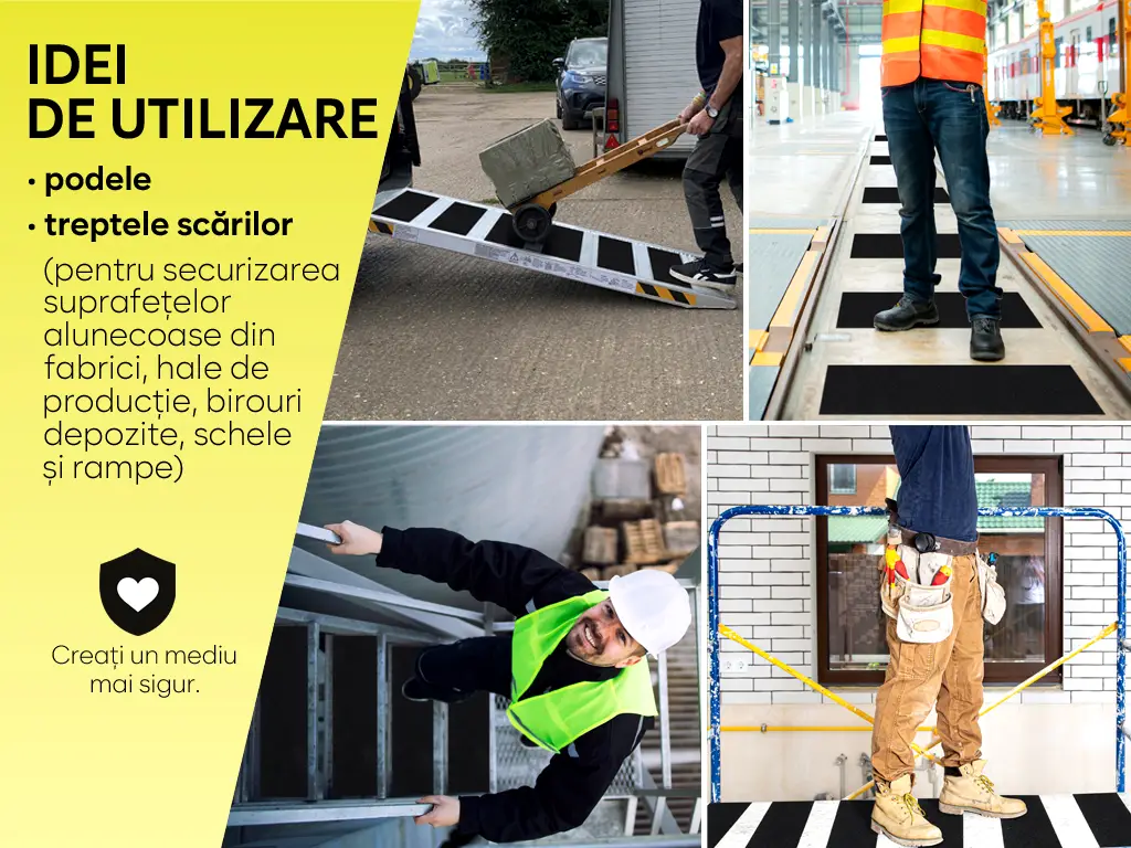 Set 6 benzi antiderapante pentru scări și podele, autoadezive cu granulație grosieră, culoare neagră, roller silicon inclus, 15x60 cm