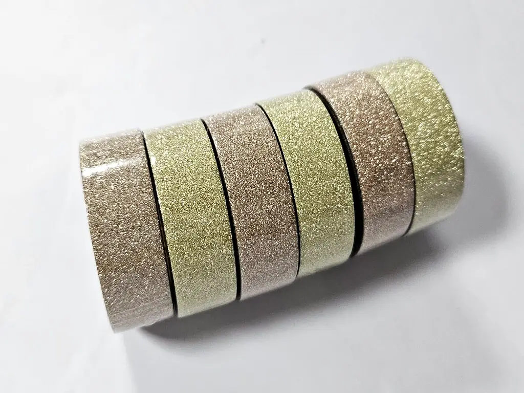 Set 6 role washi tape, bandă adezivă Glitter, sclipici auriu si bej, role de 1,5 cm x 5 metri