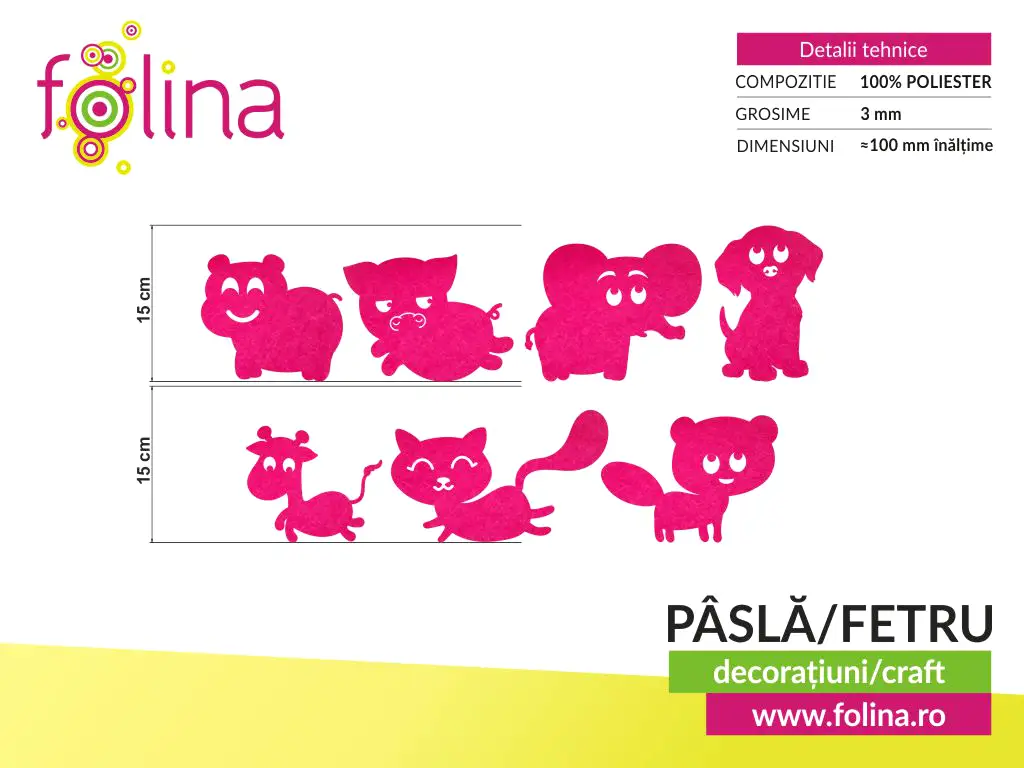 Set 7 decorațiuni creative din fetru magenta cu animale pentru activități craft, Folina, pâslă cu grosime de 3 mm, diverse culori