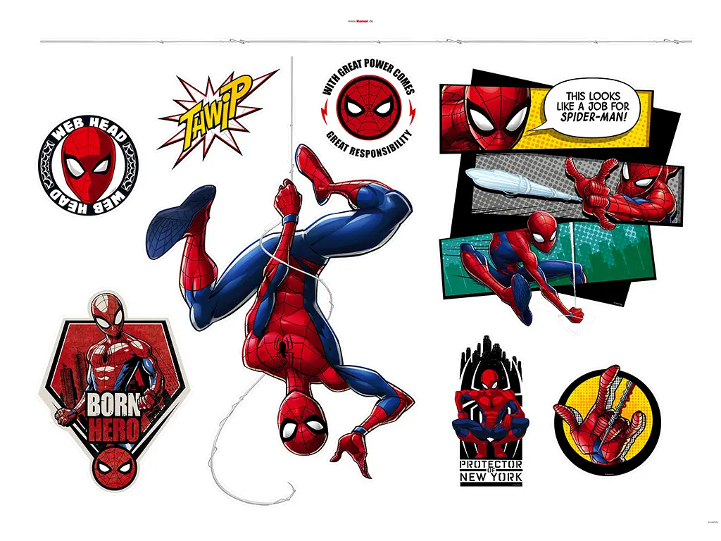 Set 8 stickere Spiderman, Komar Spider Man Web Head, decor cameră băiat, planşă de 100x70cm