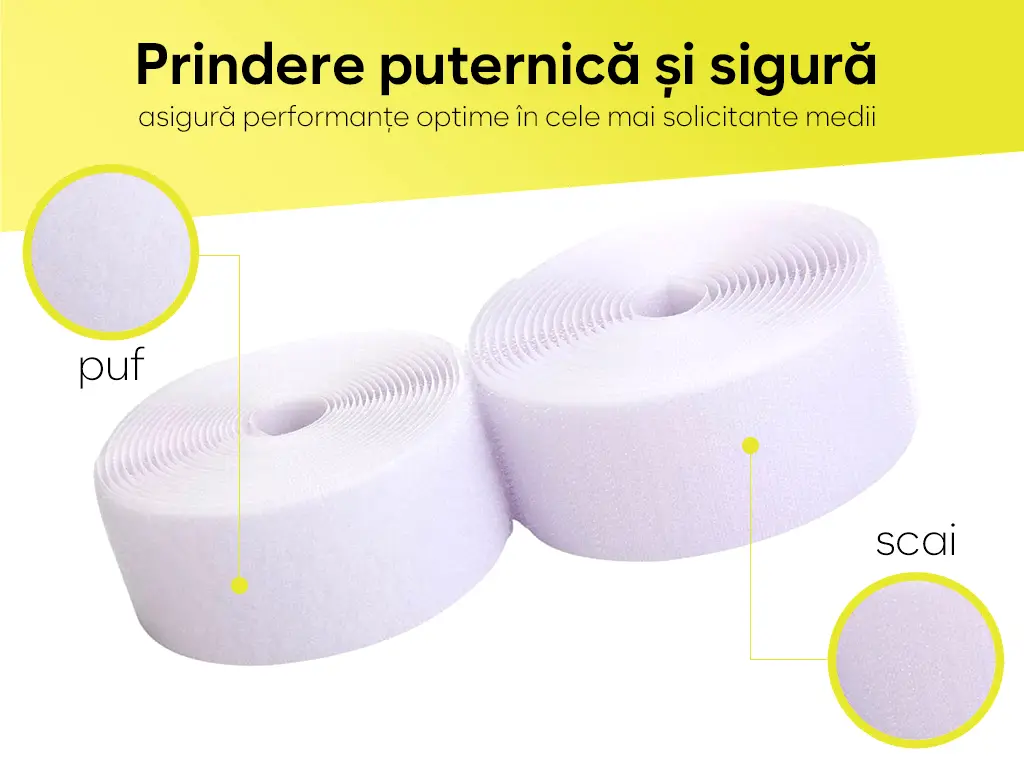 Set bandă Velcro fără adeziv, benzi Hook and Loop, set bandă cu scai și puf ideală pentru cusut, role cu lățimea de 20cm - culoare albă