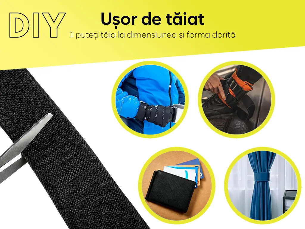 Set bandă Velcro fără adeziv, benzi Hook and Loop, set bandă cu scai și puf ideală pentru cusut, role cu lățimea de 20cm - culoare neagră