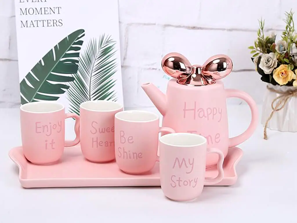 Set ceşti ceai Happy Time, Folina, din ceramică, roz - 6 piese