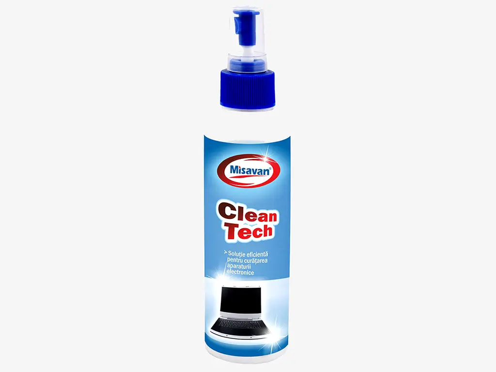 Set cu soluţie spray Misavan Clean Tech și lavetă microfibră pentru curățarea afișajelor și aparaturii electronice