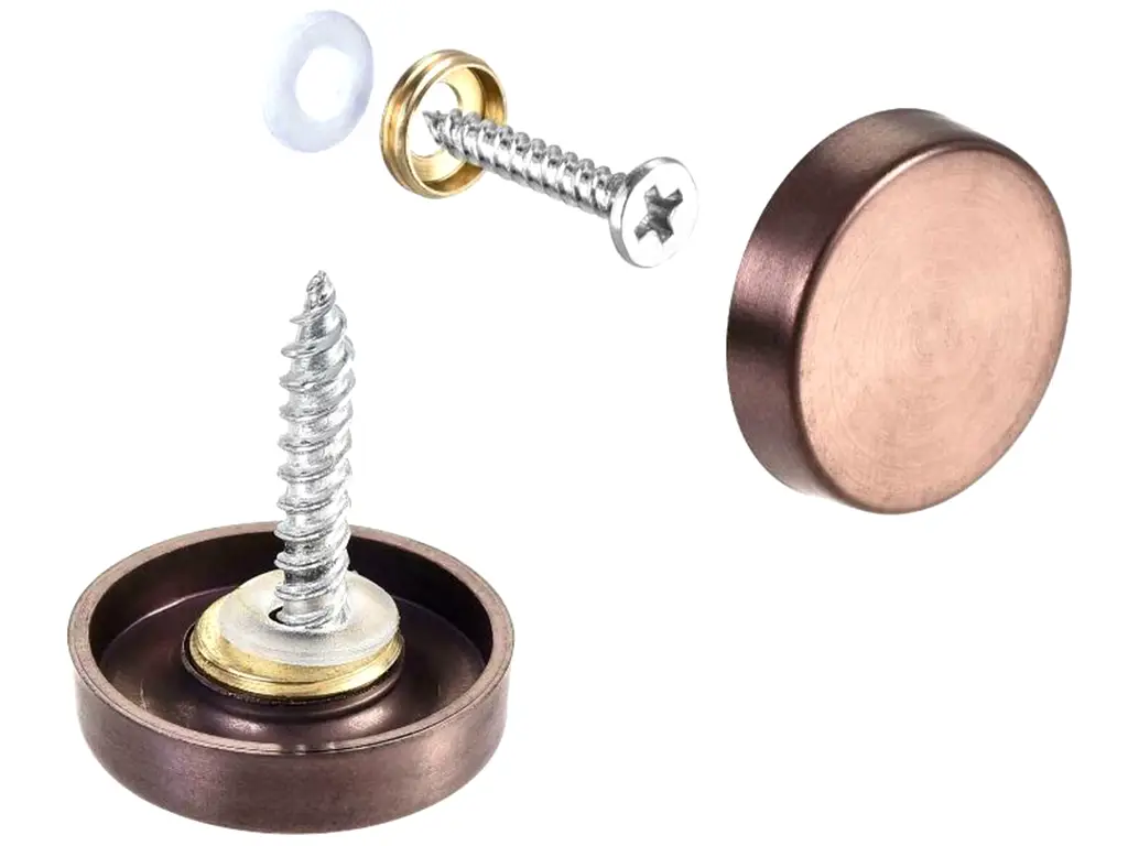 Set din 4 șuruburi cu capac cromat, arămiu, pentru plăci acrilice sau oglinzi, diametru cap 16mm