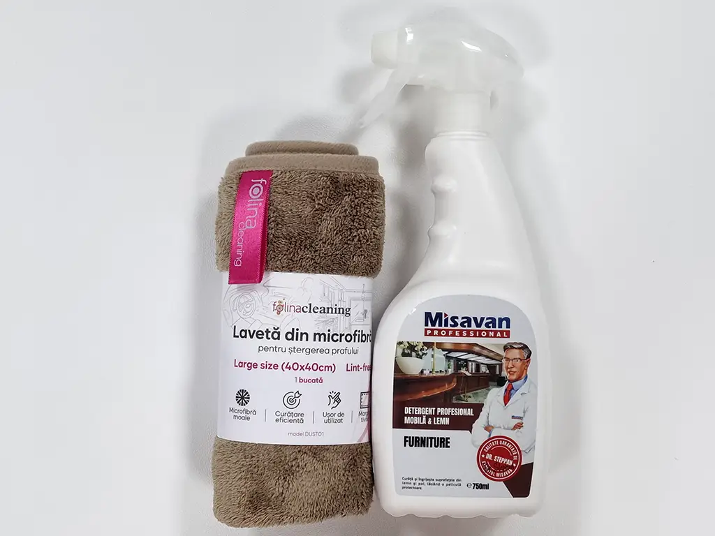 Set detergent profesional pentru mobilă și lemn Misavan Furniture 750ml si lavetă microfibră pentru mobilier