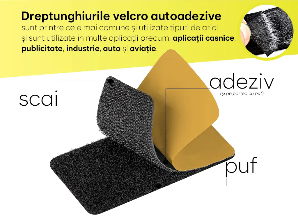 Set 10 dreptunghiuri Velcro cu adeziv, sistem Hook and Loop, arici autoadeziv, 5x10 cm - culoarea neagră