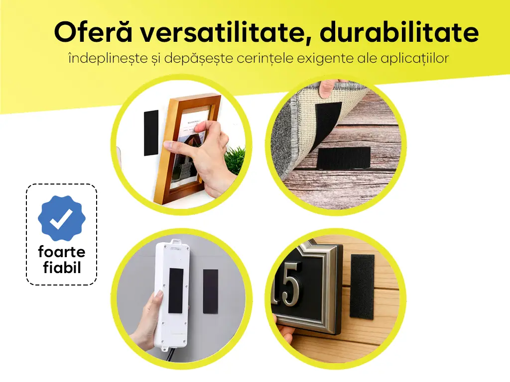 Set 10 dreptunghiuri Velcro cu adeziv, sistem Hook and Loop, arici autoadeziv, 5x10 cm - culoarea neagră