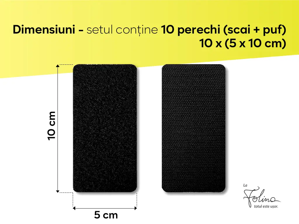 Set 10 dreptunghiuri Velcro fără adeziv,  sistem Hook and Loop, arici fără adeziv ideal pentru cusut, 5x10 cm - culoare neagră