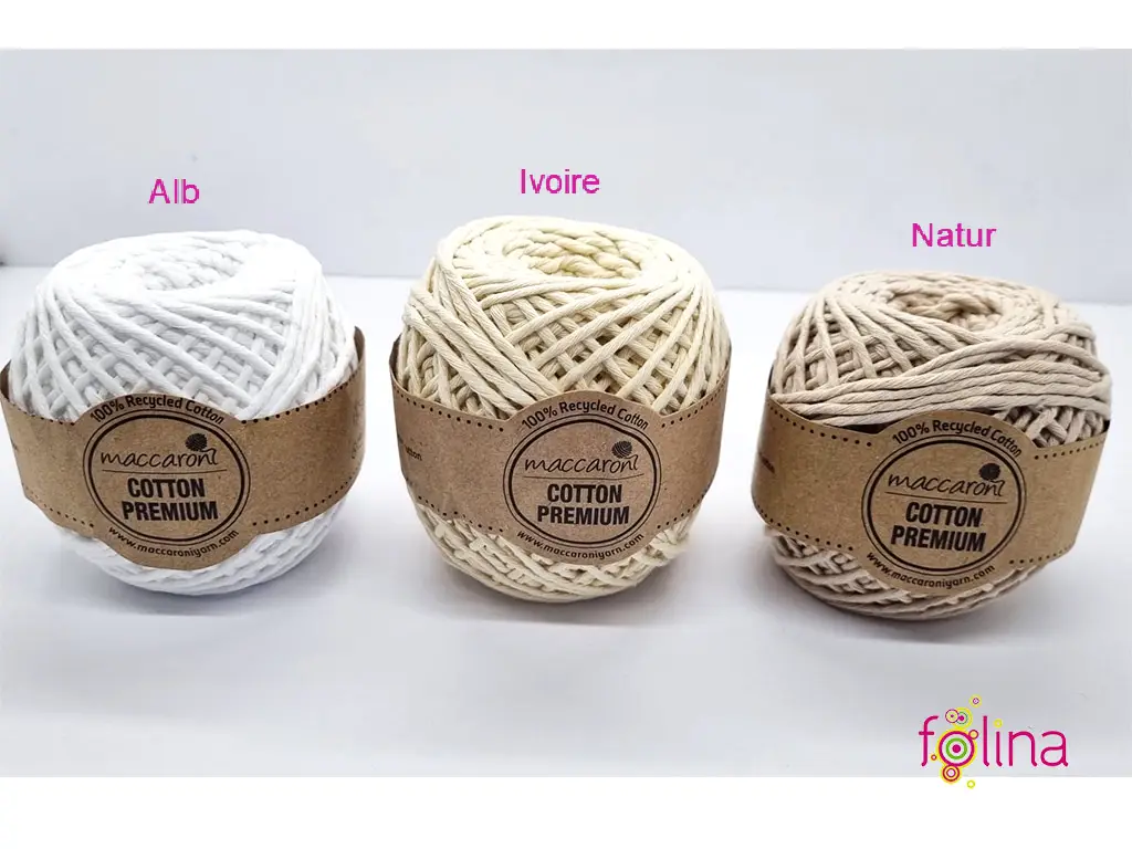 Sfoară bumbac albă, Maccaroni Cotton Premium, fir de 2mm grosime, 100gr