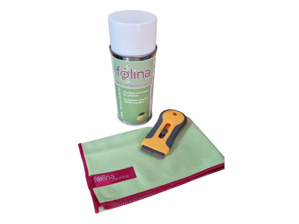 Spray curăţare adeziv folii, Folina, set cu soluţie tip spray, lavetă şi răzuitor metalic