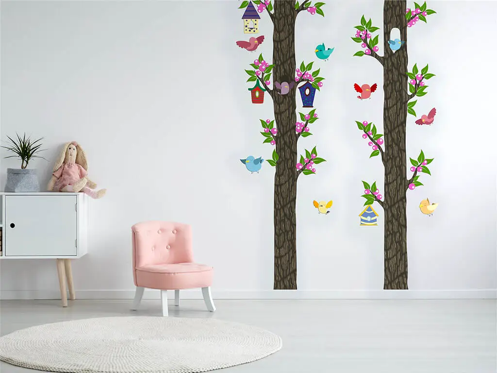Sticker perete pentru camera copiilor, Copaci şi păsări , decoraţiune de mari dimensiuni, 250 cm înălţime