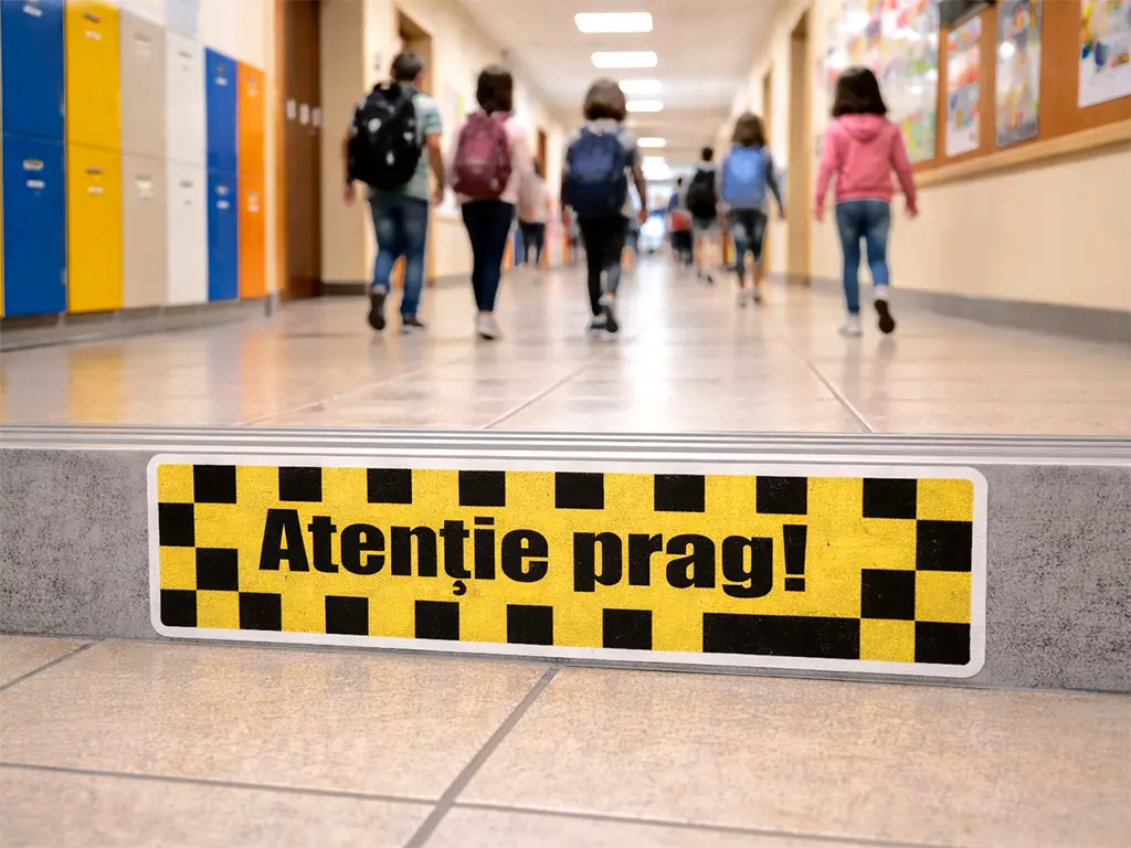 Sticker antiderapant podea „Atenție la prag” pentru scări și praguri – 50x13 cm, set 2 buc