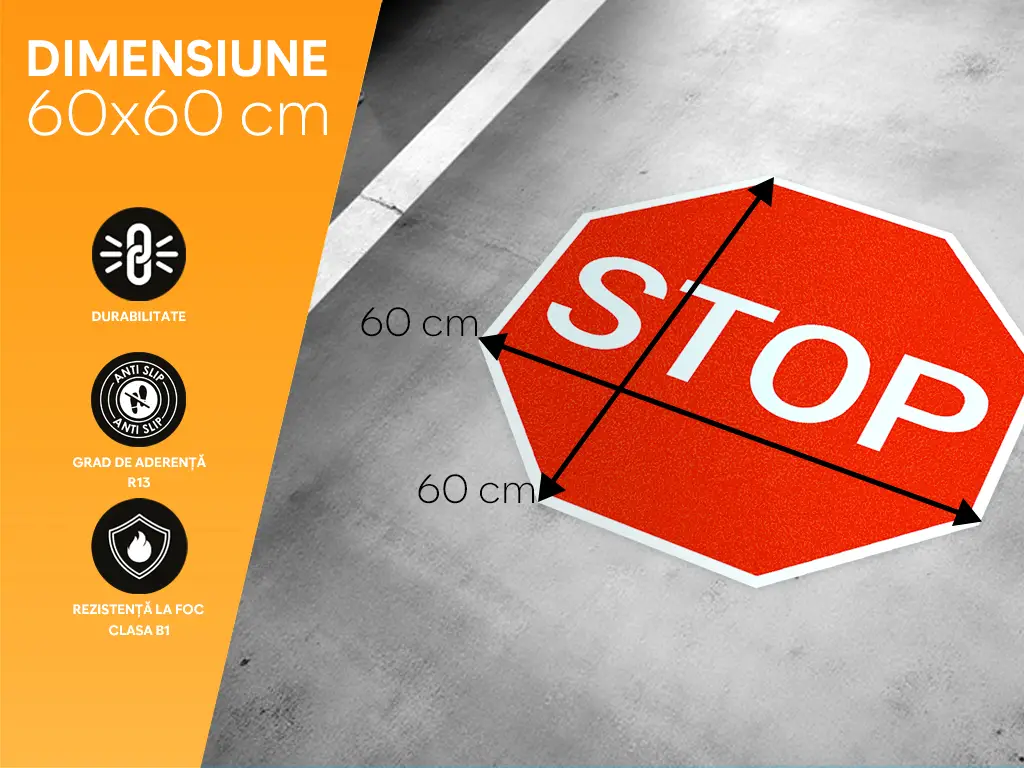 Sticker antiderapant pentru podea cu mesajul 'STOP', autoadeziv cu granulație grosieră, Folina, 60x60 cm