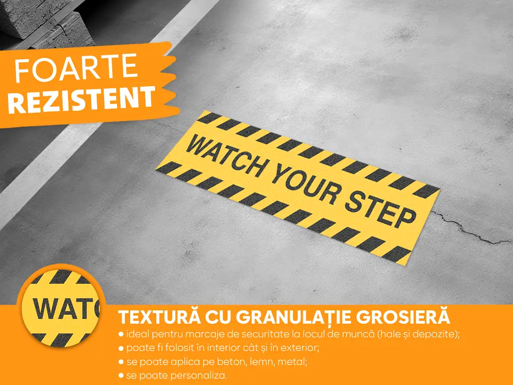 Sticker antiderapant pentru podea cu mesajul 'Watch your step', autoadeziv cu granulație grosieră, Folina, 60x16 cm, set 2 stickere