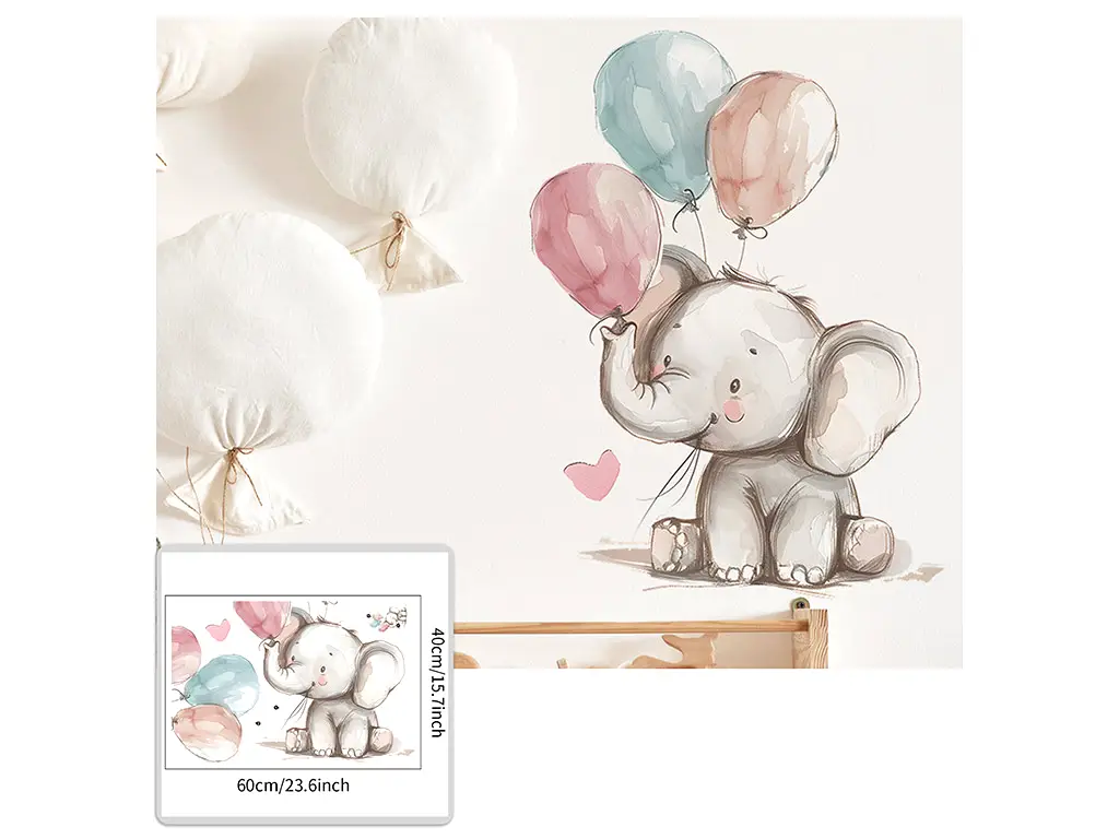 Sticker cameră bebe, Micul elefant cu baloane, decor perete şi mobilă, 60x40 cm