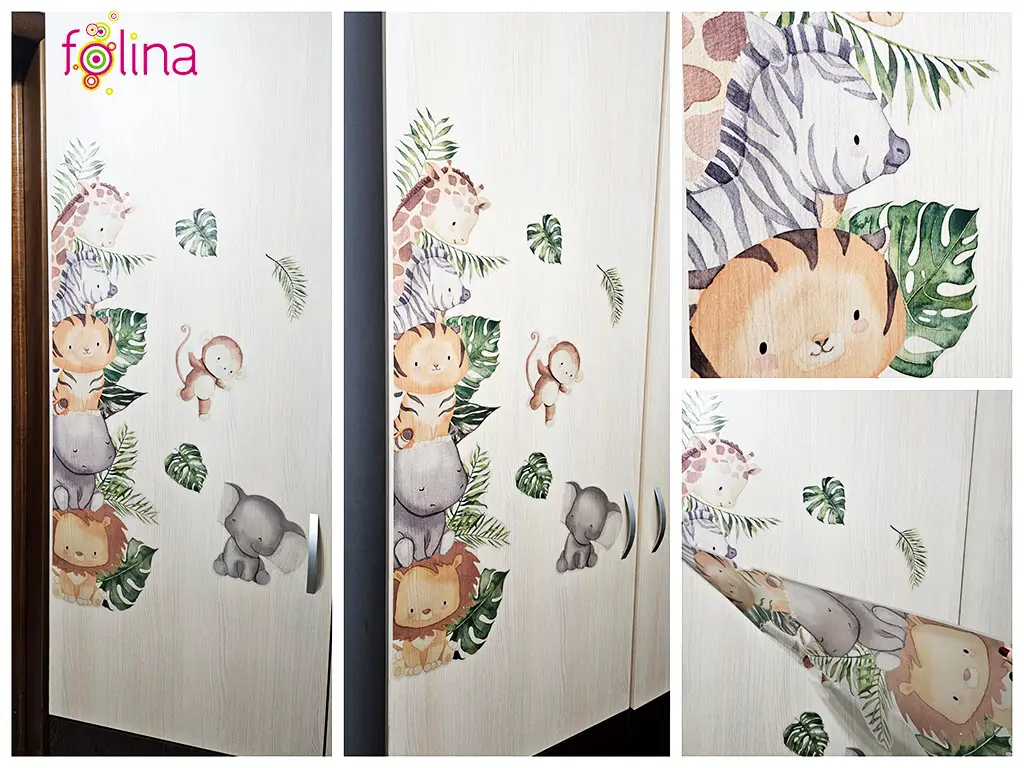 Sticker cameră copii, bordură verticală cu animale din junglă, 120x30 cm