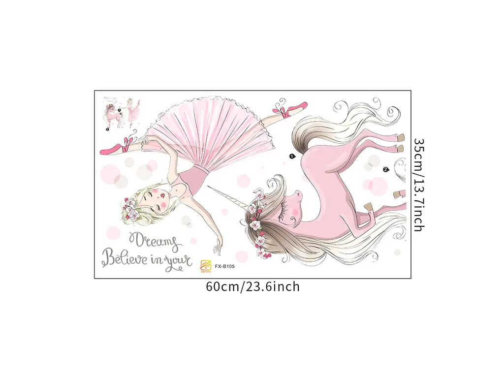 Stickere cameră fete, balerina cu unicorn, decor roz