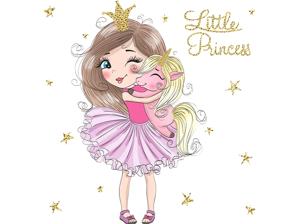 Sticker cameră fete, mica prinţesă cu unicorn roz
