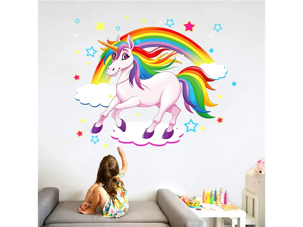 Sticker cameră fetiţă unicorn, Rainbow, decor multicolor, 40x60 cm