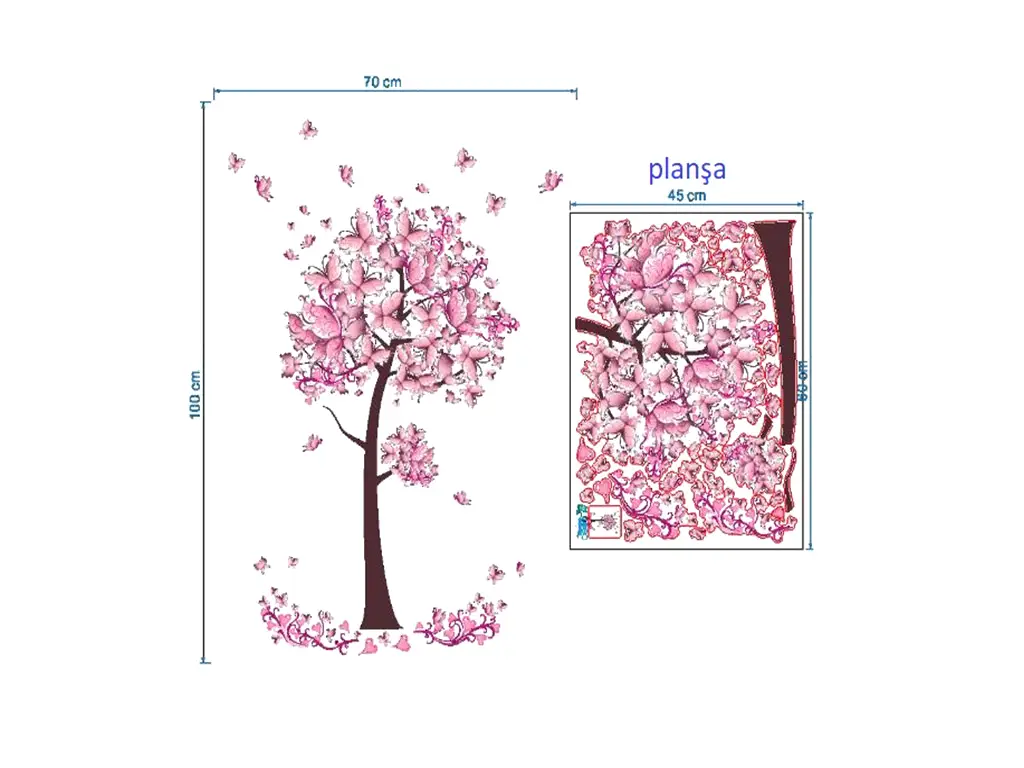 Sticker cameră fetiţă Copacul cu fluturi roz, 100 cm înălţime