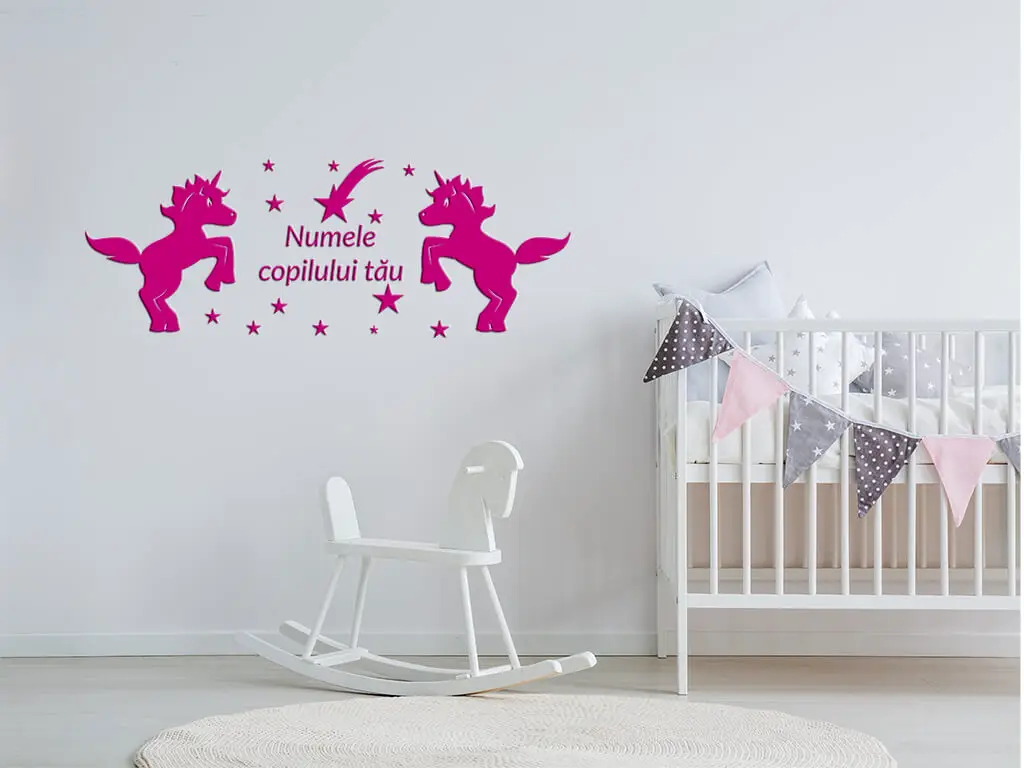 Sticker Unicorni roz, Folina, sticker pentru copii, dimensiuni 30 cm, racletă de aplicare inclusă.