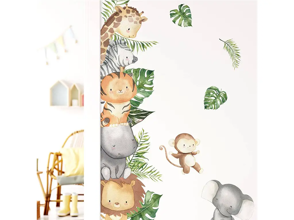 Sticker cameră copii, bordură verticală cu animale din junglă, 120x30 cm