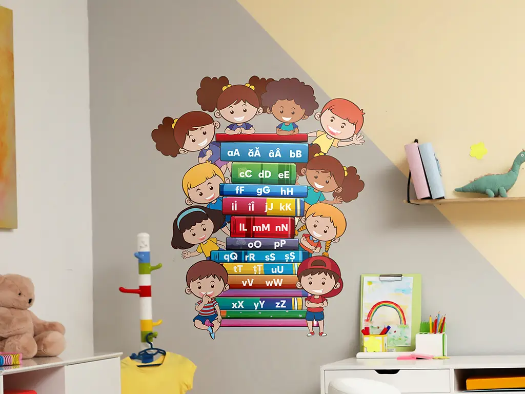 Sticker alfabet, Folina, pentru copii, multicolor, planșă mare de 100x82 cm, racletă de aplicare inclusă