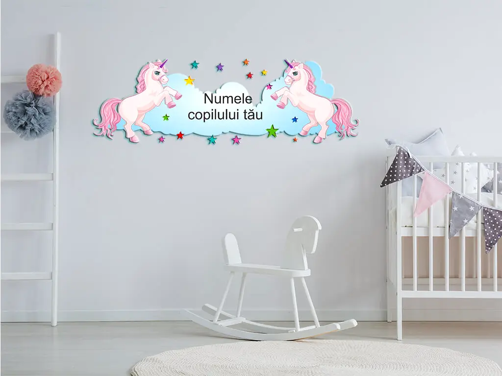 Sticker Unicorni şi steluţe colorate, Folina, sticker pentru copii, dimensiuni 100x50 cm, racletă de aplicare inclusă.